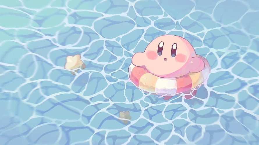 Kirby Floating in a Pool with a Striped Swim Ring and Star Cookies HD wallpaper