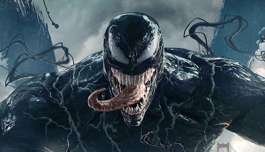 Venom Symbiote Character Artwork with Sharp Teeth and Long Tongue HD wallpaper