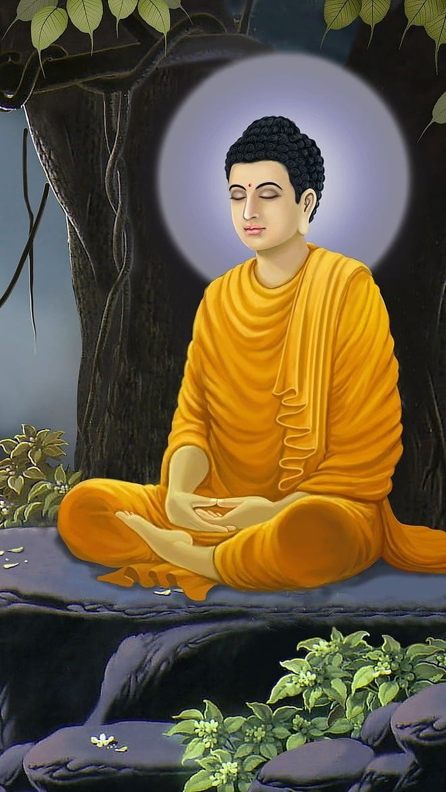 Gautama Buddha Meditating Under Bodhi Tree in Golden Robes HD phone wallpaper