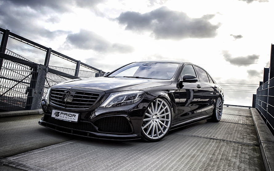 Black Mercedes-Benz S-Class W222 Sedan with Prior Design Body Kit on Overcast Bridge HD wallpaper