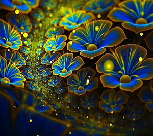 Vibrant Blue and Yellow Abstract Flower Tunnel with Glowing Particles HD wallpaper