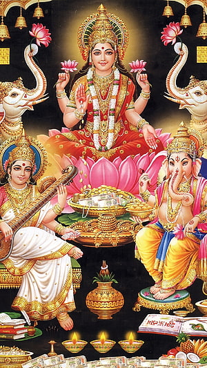 Goddess Lakshmi and Lord Ganesha Devotional Art with Lotus and Offerings HD phone wallpaper