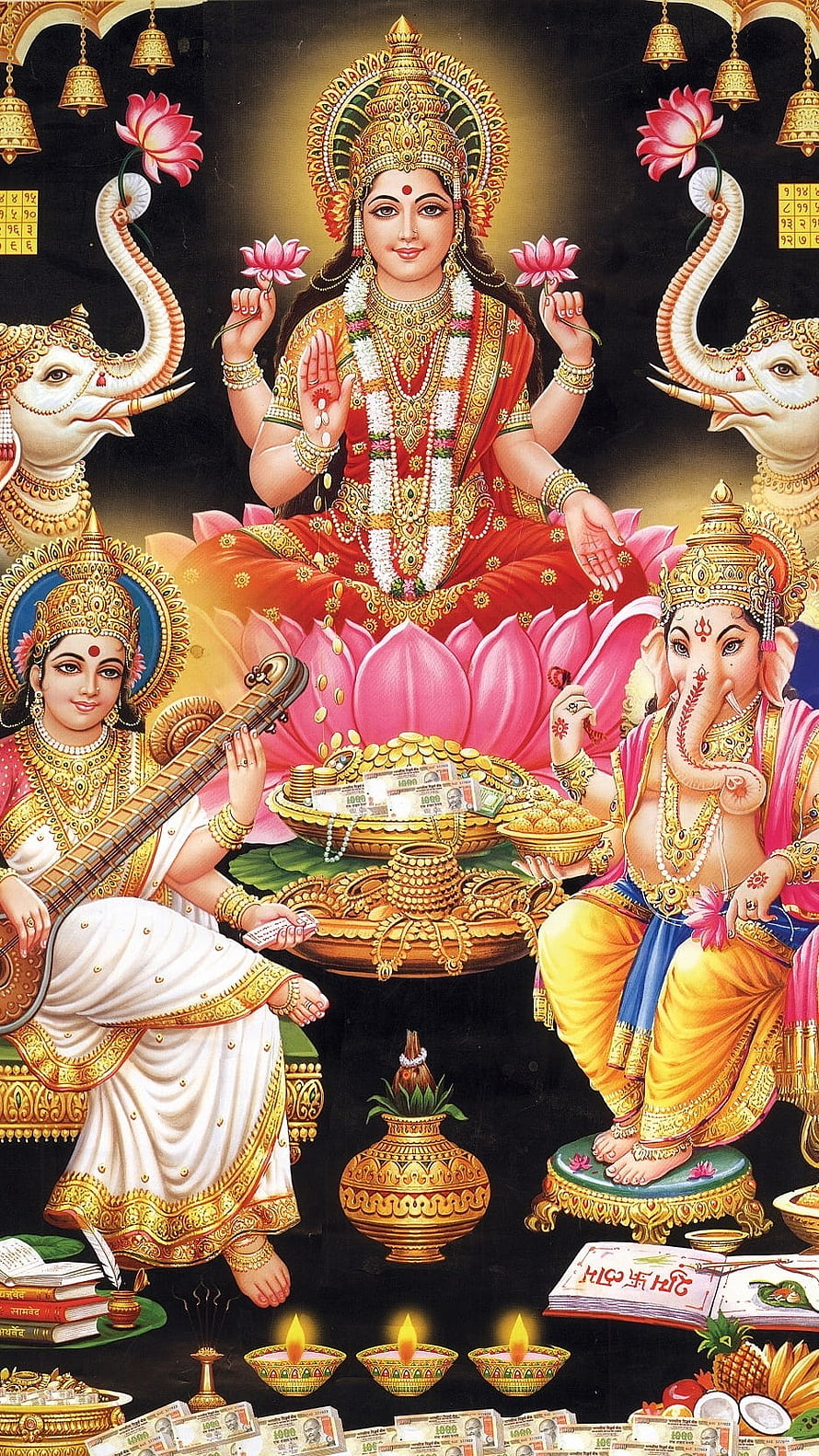 Goddess Lakshmi and Lord Ganesha Devotional Art with Lotus and Offerings HD phone wallpaper