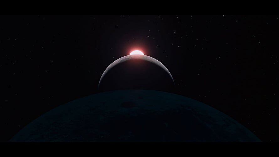 2001 Space Odyssey Planet Eclipse Scene with Red Sun Rising Over Dark Horizon HD wallpaper