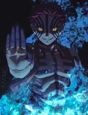 Akaza from Demon Slayer with blue flames and glowing eyes in dark anime illustration HD phone wallpaper