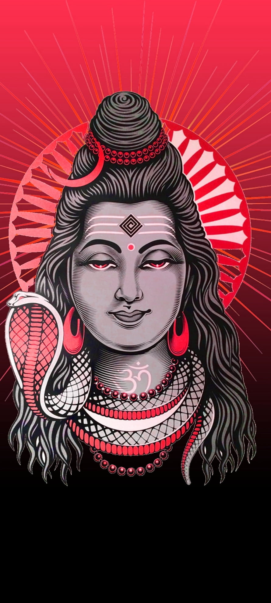 Lord Shiva Portrait With Cobra And Om Symbol In Red And Black Illustration HD phone wallpaper