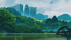 Garden of Words Anime Scenery: Rainy Park Lake and City Skyline HD wallpaper