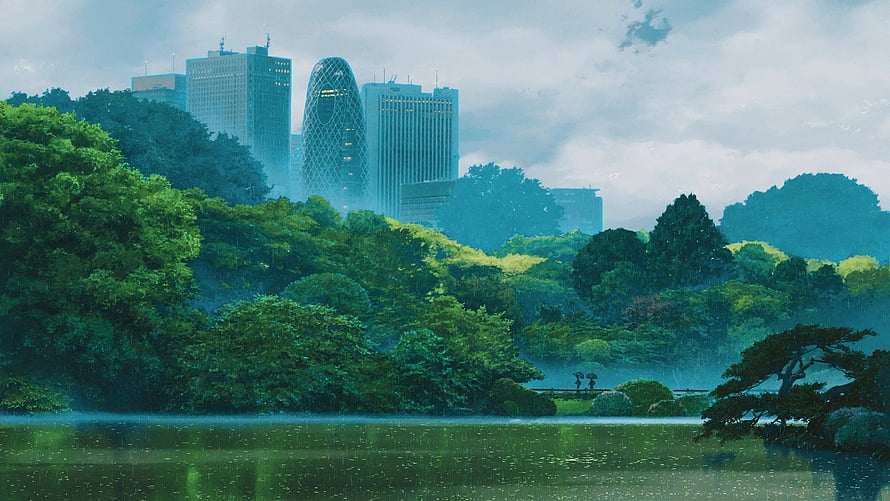 Garden of Words Anime Scenery: Rainy Park Lake and City Skyline HD wallpaper