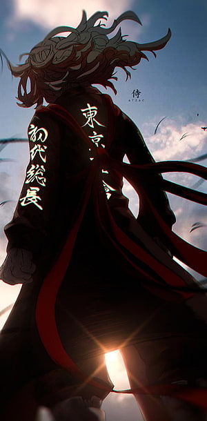 Mikey from Tokyo Revengers in a dramatic backlit anime illustration with flowing hair and glowing kanji HD phone wallpaper