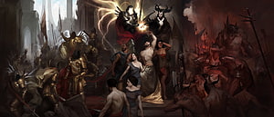 Diablo IV Epic Fantasy Battle Scene with Armored Warriors and Demonic Forces HD wallpaper
