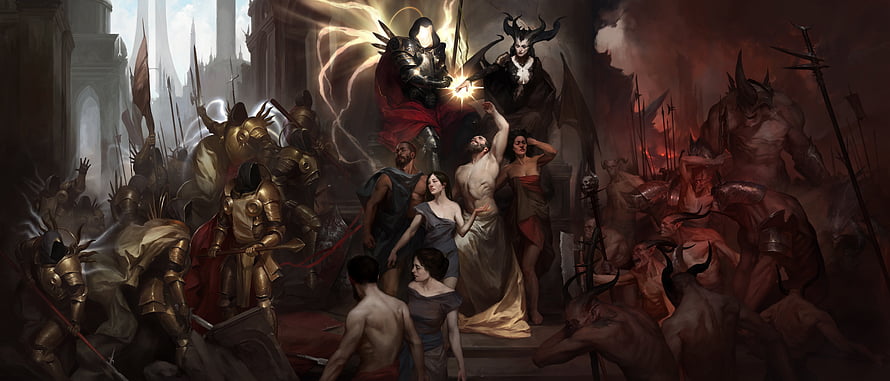 Diablo IV Epic Fantasy Battle Scene with Armored Warriors and Demonic Forces HD wallpaper