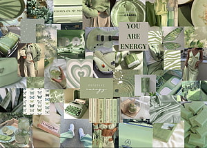 Sage Green Aesthetic Collage Featuring Vintage Cars, Fashion, and Nature Elements HD wallpaper