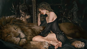 WLOP Fantasy Art: Princess Resting with Lion in Dark Baroque Interior HD wallpaper
