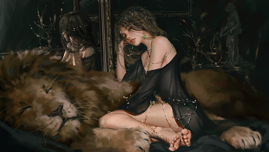WLOP Fantasy Art: Princess Resting with Lion in Dark Baroque Interior HD wallpaper