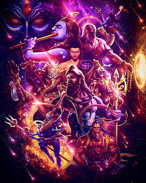 Vibrant Digital Art of Hindu Deities Including Shiva, Hanuman, and Ganesha in Cosmic Setting HD phone wallpaper