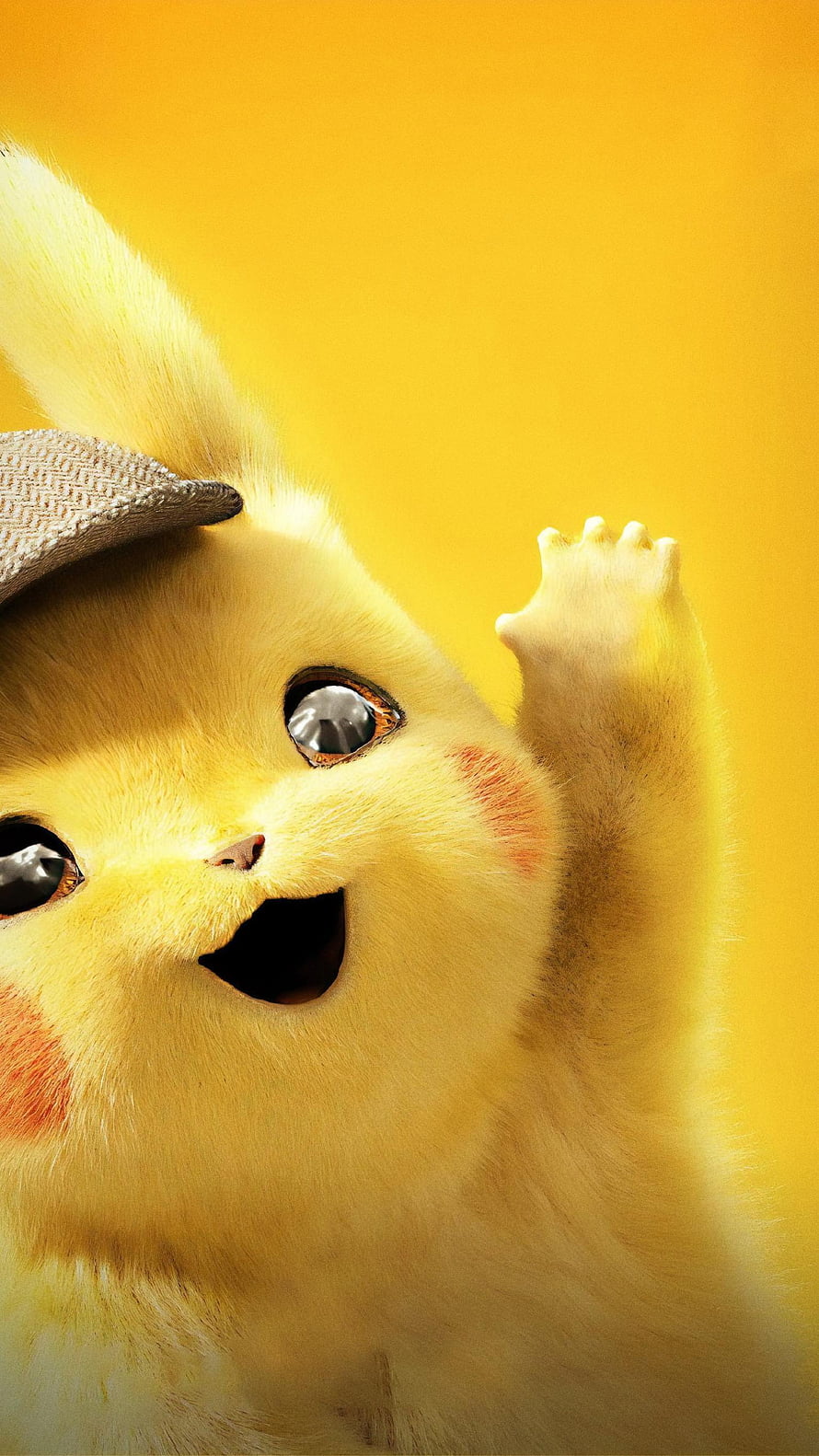 Detective Pikachu Waving Hello in a Felt Hat Against a Warm Yellow Background HD phone wallpaper