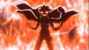 Ryuga Dark Transformation Anime Character Silhouette in Fiery Explosion HD wallpaper