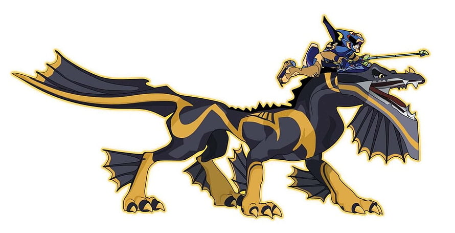 Dragon Booster Cartoon Character Riding a Black and Gold Dragon HD wallpaper