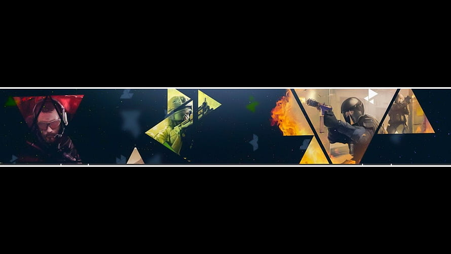 Gaming YouTube Banner with Triangular Character Panels and Dark Background HD wallpaper