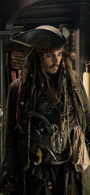 Captain Jack Sparrow in Period Costume with Tricorn Hat and Beaded Dreadlocks HD phone wallpaper