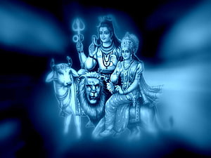 Bholenath Shiva and Parvati with Lion and Nandi in Ethereal Blue Digital Art HD wallpaper