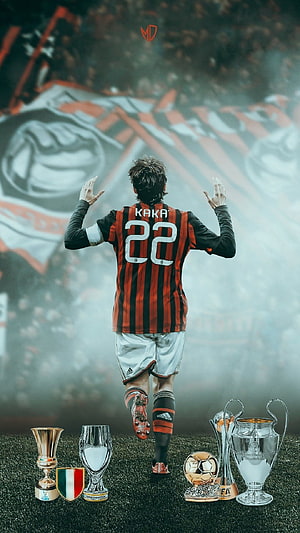 Kaka in AC Milan Striped Jersey Celebrating with Champions League Trophies HD phone wallpaper