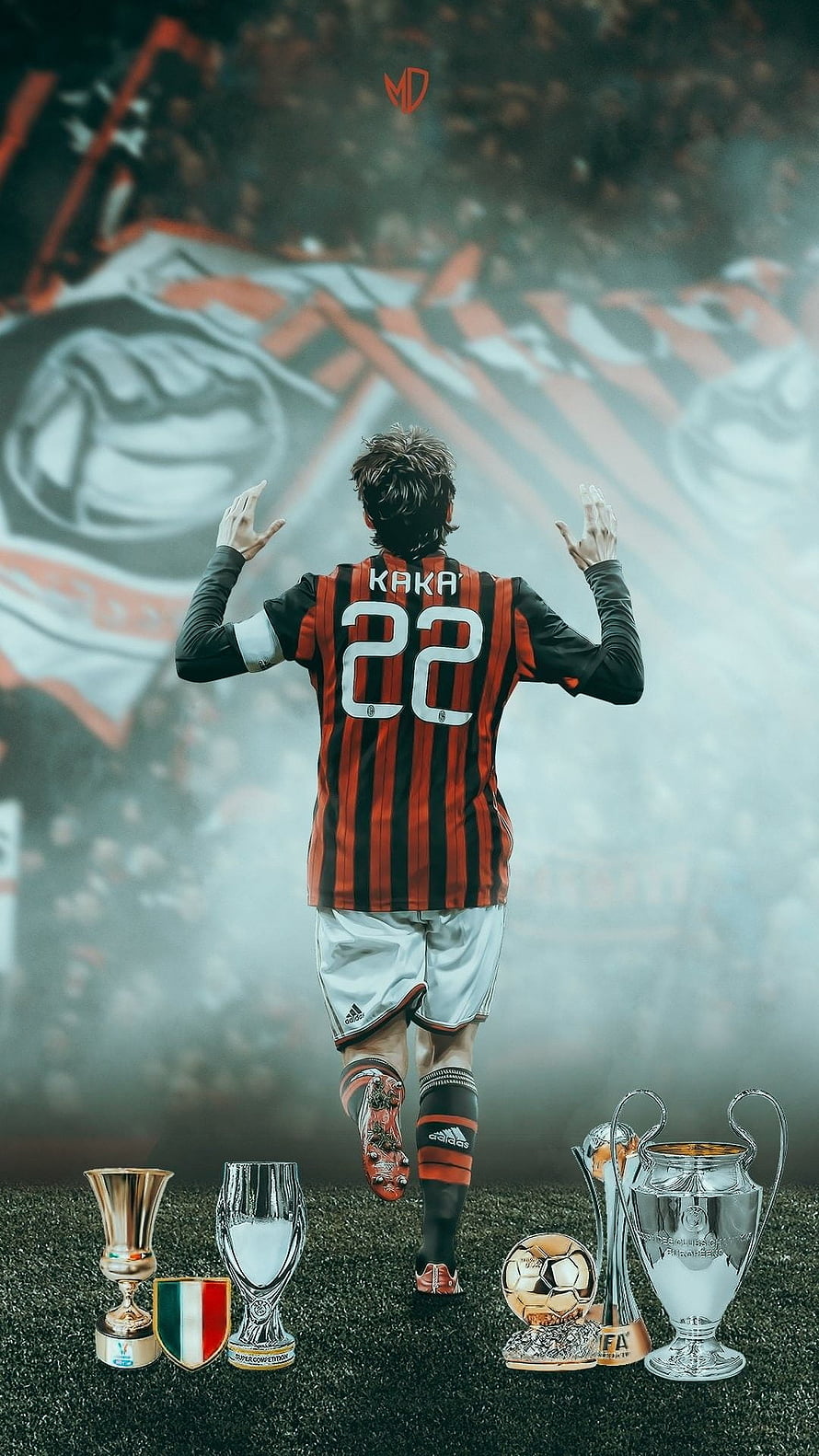 Kaka in AC Milan Striped Jersey Celebrating with Champions League Trophies HD phone wallpaper