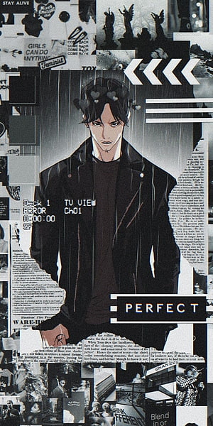 Lookism Anime Character in Black Jacket with Grunge Collage Background and Glitch Text Overlay HD phone wallpaper