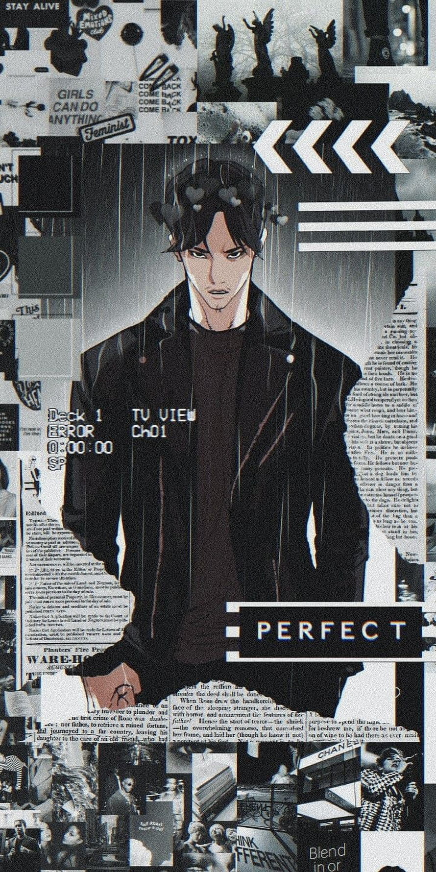 Lookism Anime Character in Black Jacket with Grunge Collage Background and Glitch Text Overlay HD phone wallpaper