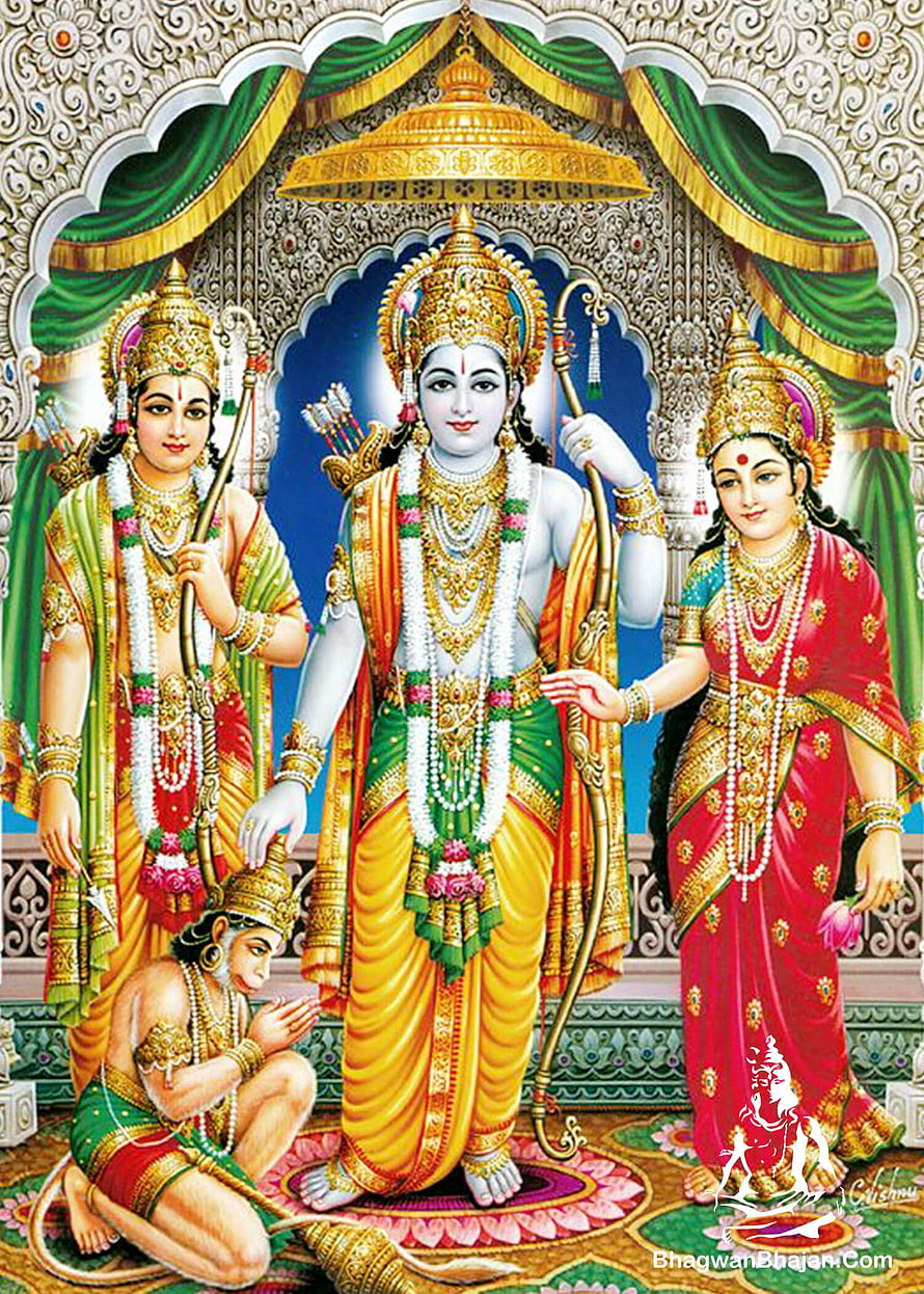 Lord Rama, Sita, and Hanuman in Traditional Indian Temple Art HD phone wallpaper
