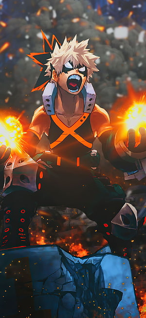 Deku in Black and Orange Suit with Explosion Quirk in My Hero Academia HD phone wallpaper