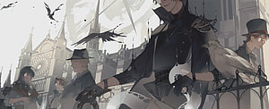 Lord of Mysteries anime illustration featuring characters in Victorian attire with crows and a gothic cathedral backdrop HD wallpaper