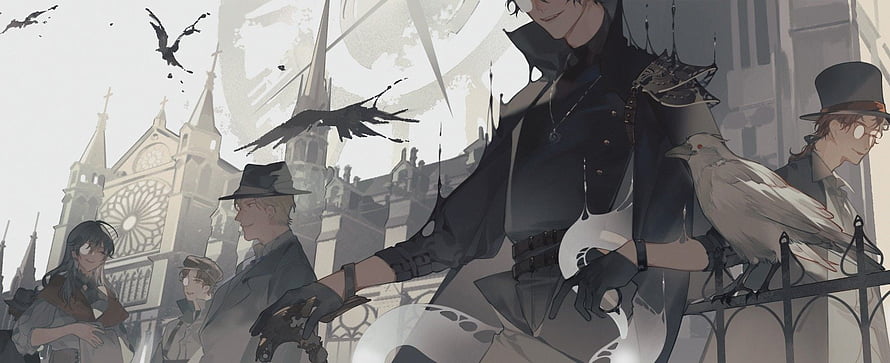 Lord of Mysteries anime illustration featuring characters in Victorian attire with crows and a gothic cathedral backdrop HD wallpaper