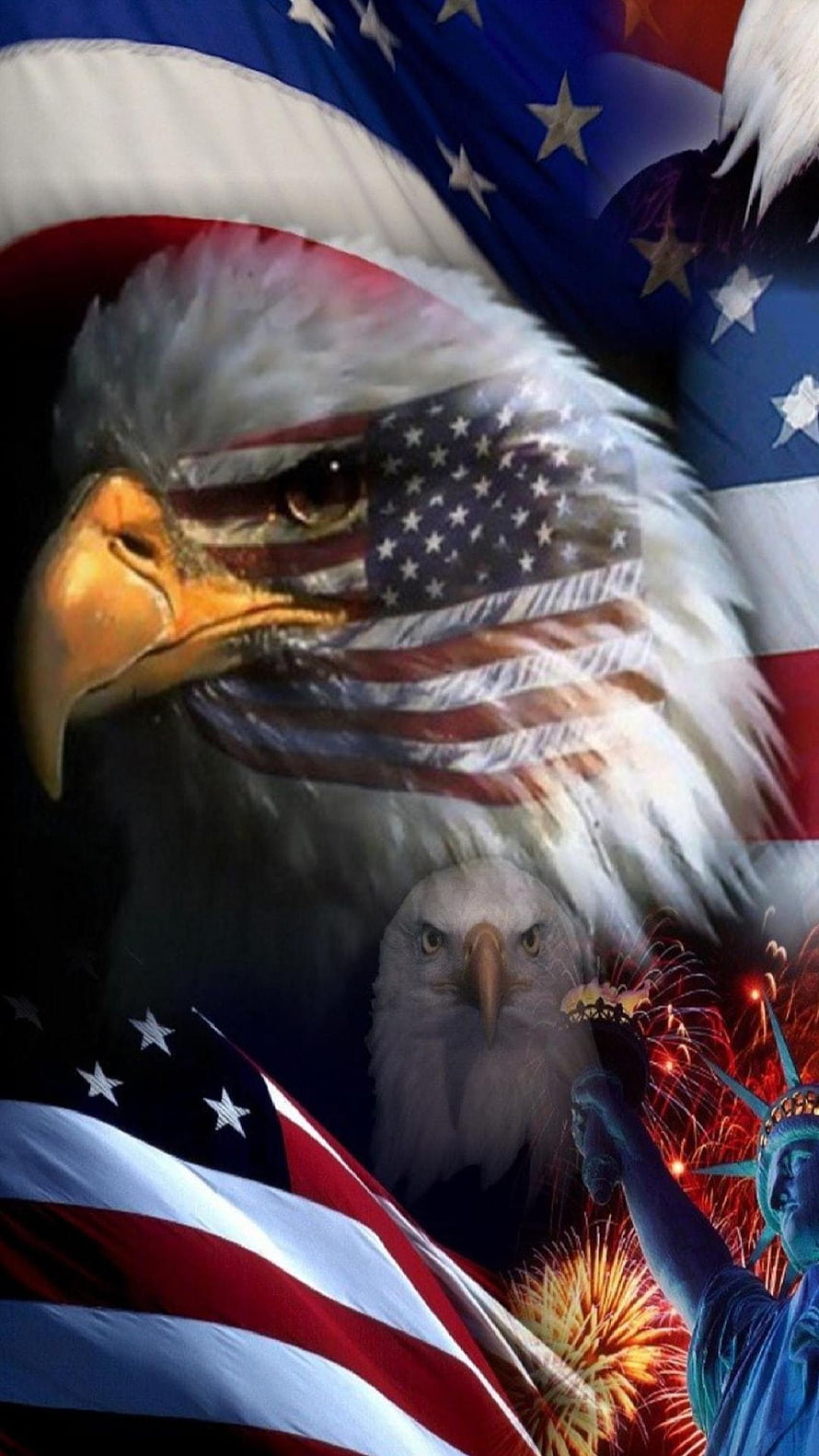 American Bald Eagle and Statue of Liberty with Fireworks and US Flag Patriotic Artwork HD phone wallpaper
