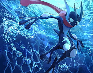 Greninja Swimming Through Deep Blue Ocean Water With Bubbles and Light Rays HD wallpaper