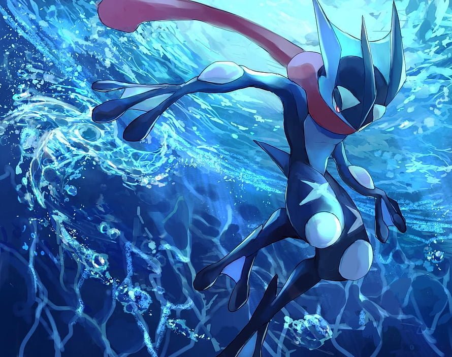 Greninja Swimming Through Deep Blue Ocean Water With Bubbles and Light Rays HD wallpaper