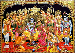 Ram Pattabhisheka Tanjore Painting with Shiva, Parvati, and Ganesha in Traditional Tamil Art HD wallpaper