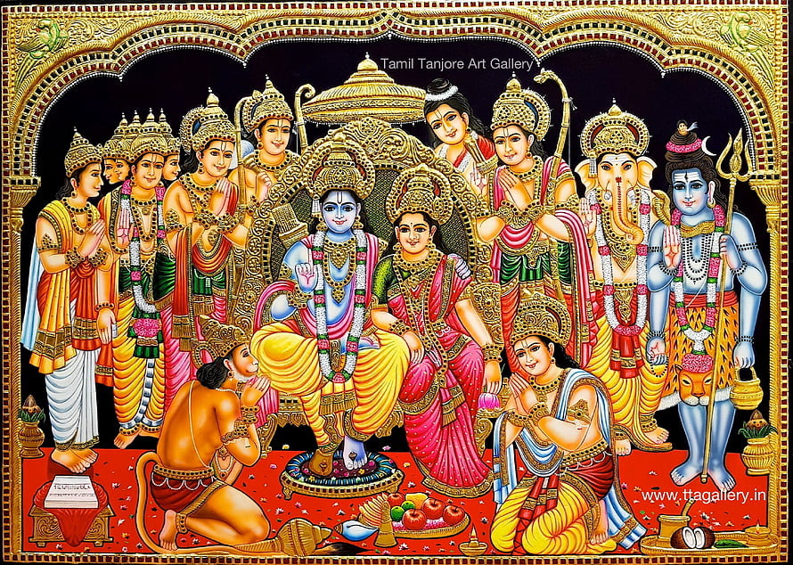 Ram Pattabhisheka Tanjore Painting with Shiva, Parvati, and Ganesha in Traditional Tamil Art HD wallpaper