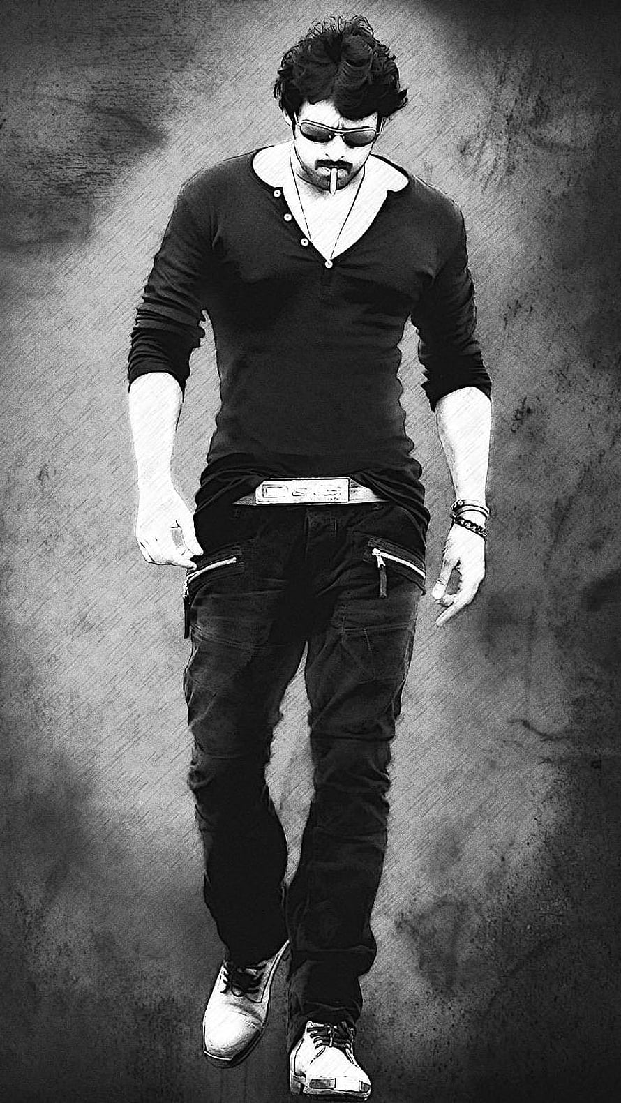 Prabhas in Black Henley Shirt and Jeans with Sunglasses and Cigarette HD phone wallpaper