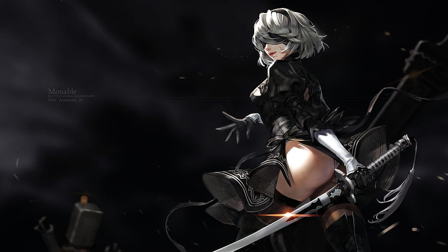 NieR: Automata 2B Katana Variant Dark Fantasy Anime Illustration HD wallpaper