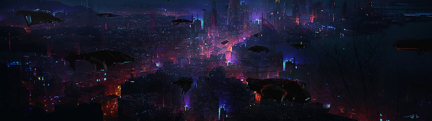Neon-lit cyberpunk cityscape at night with flying vehicles and futuristic skyscrapers HD wallpaper