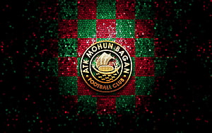 ATK Mohun Bagan FC Glitter Mosaic Logo on Red and Green Checkered Background HD wallpaper