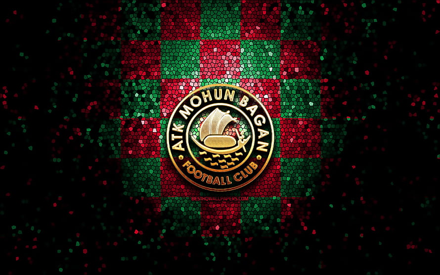ATK Mohun Bagan FC Glitter Mosaic Logo on Red and Green Checkered Background HD wallpaper