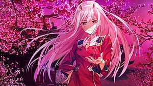 Zero Two from Darling in the Franxx in a red uniform beneath blooming cherry blossoms HD wallpaper