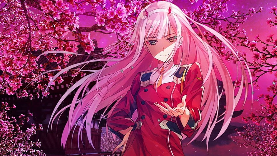 Zero Two from Darling in the Franxx in a red uniform beneath blooming cherry blossoms HD wallpaper