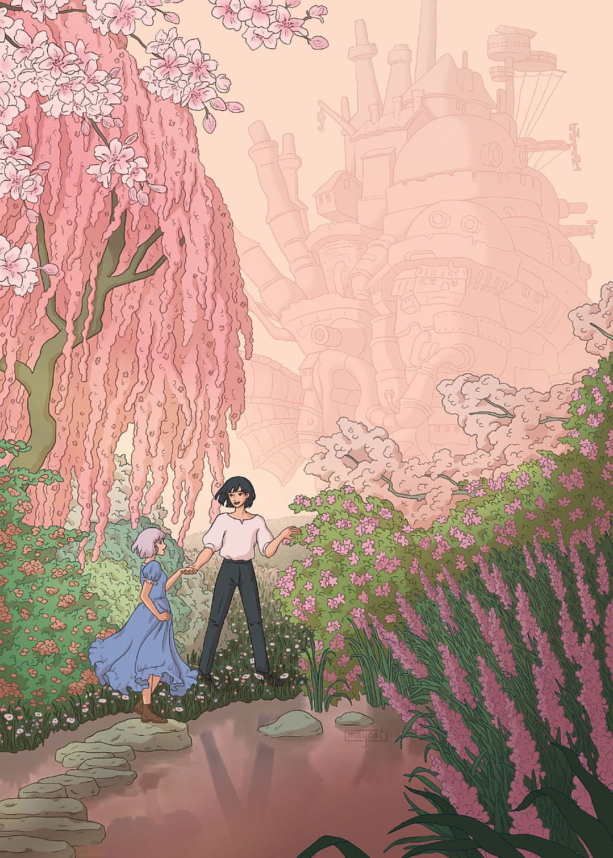 Sofia Matveychuk Studio Ghibli Inspired Illustration of Moving Castle Garden HD phone wallpaper