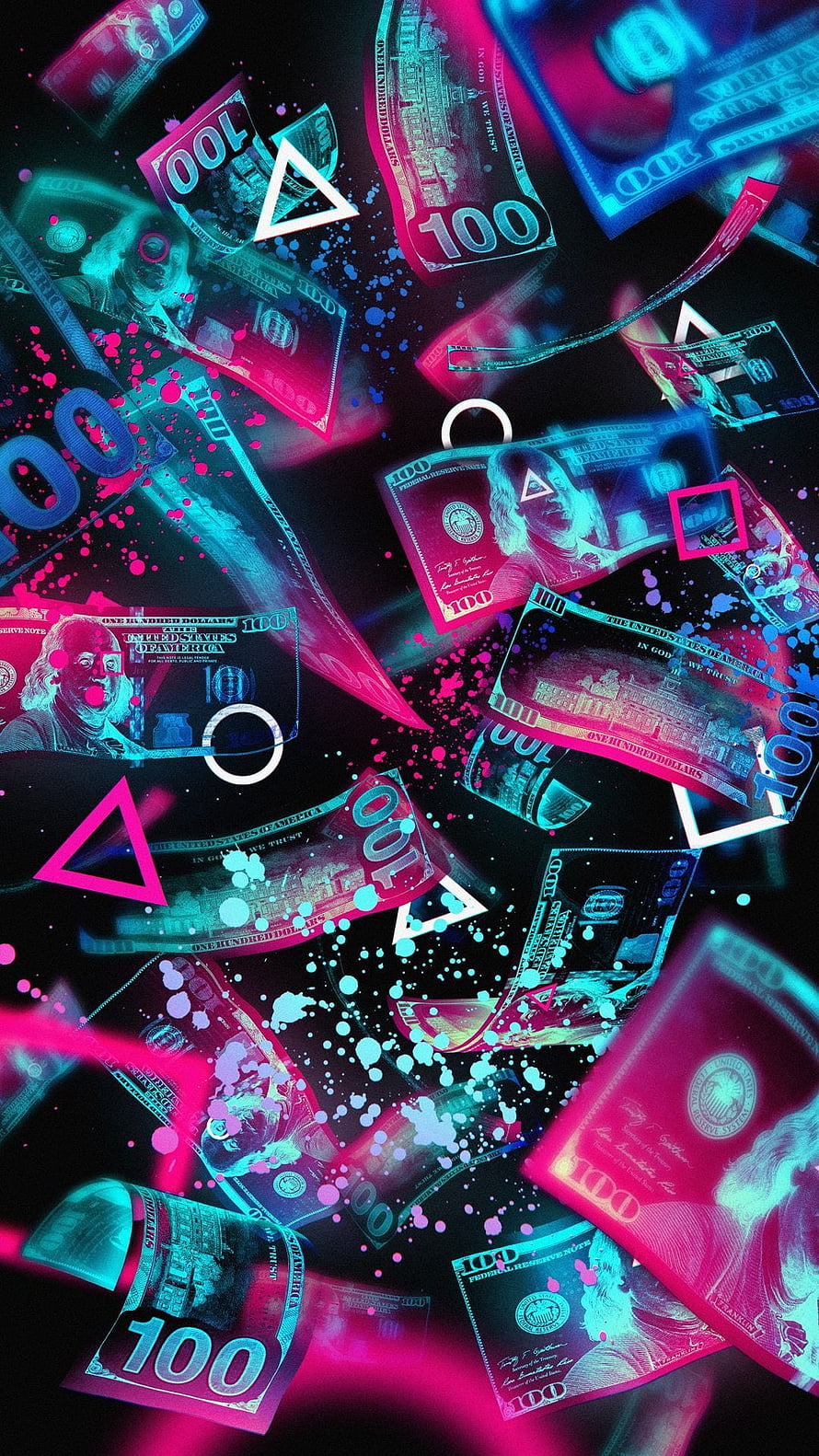 Neon Cyberpunk Falling Dollar Bills with Geometric Shapes and Splatter Effects HD phone wallpaper