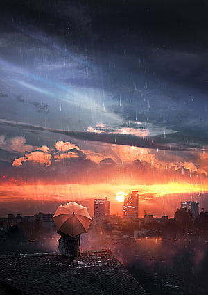 Solitary Figure With Umbrella On Rooftop Watching Dramatic Sunset Over City Skyline In Rain HD phone wallpaper
