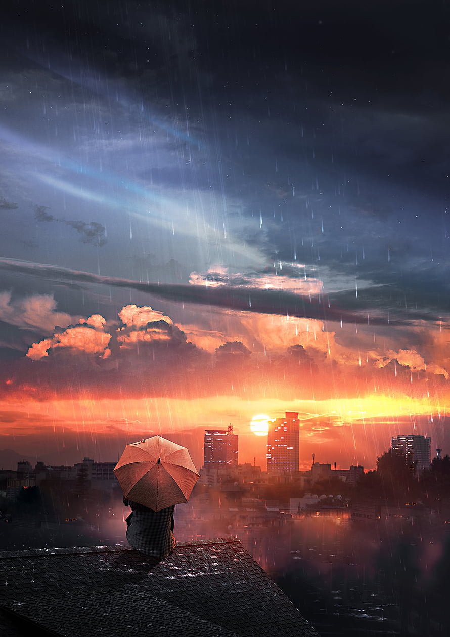 Solitary Figure With Umbrella On Rooftop Watching Dramatic Sunset Over City Skyline In Rain HD phone wallpaper