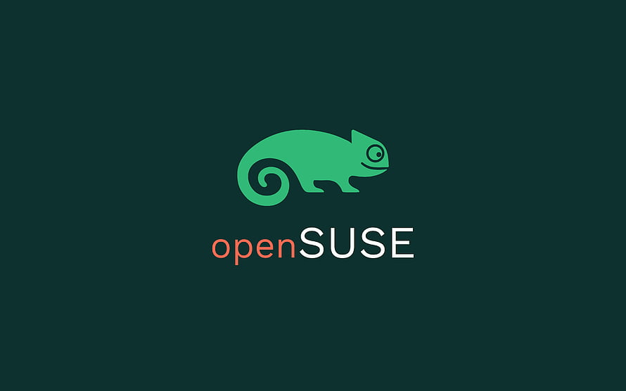 openSUSE Linux Distribution Logo with Green Chameleon Icon on Dark Teal Background HD wallpaper